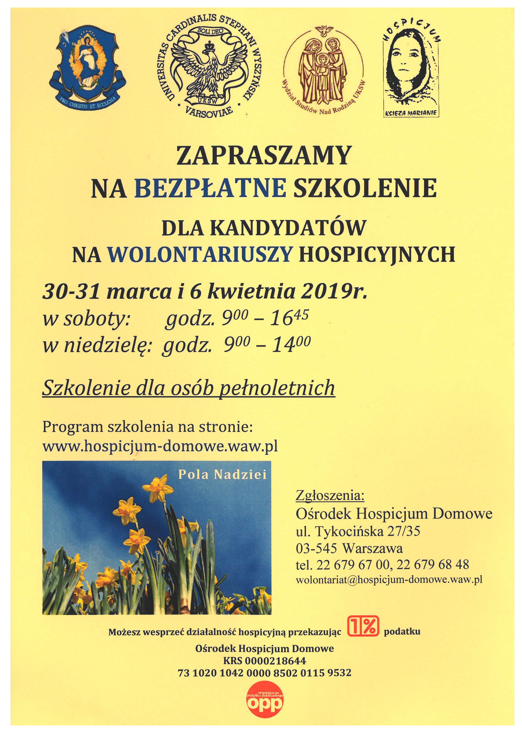 Ośrodek Hospicjum Domowe Zgromadzenia Księży Marianów zaprasza na szkolenie dla kandydatów na wolontariuszy hospicyjnych 30 i 31 marca oraz 6 kwietnia  
