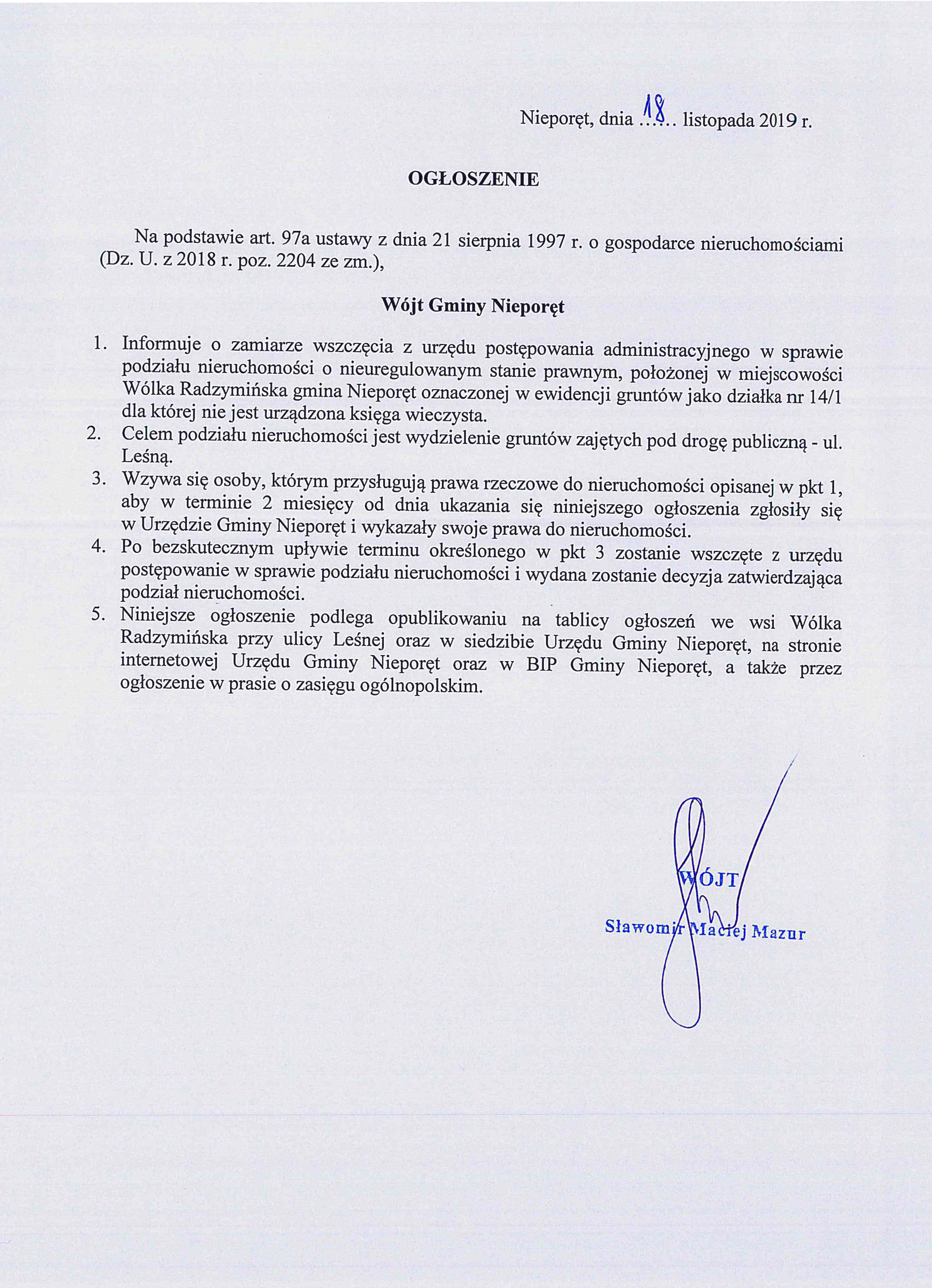 ogłoszenie o podziale