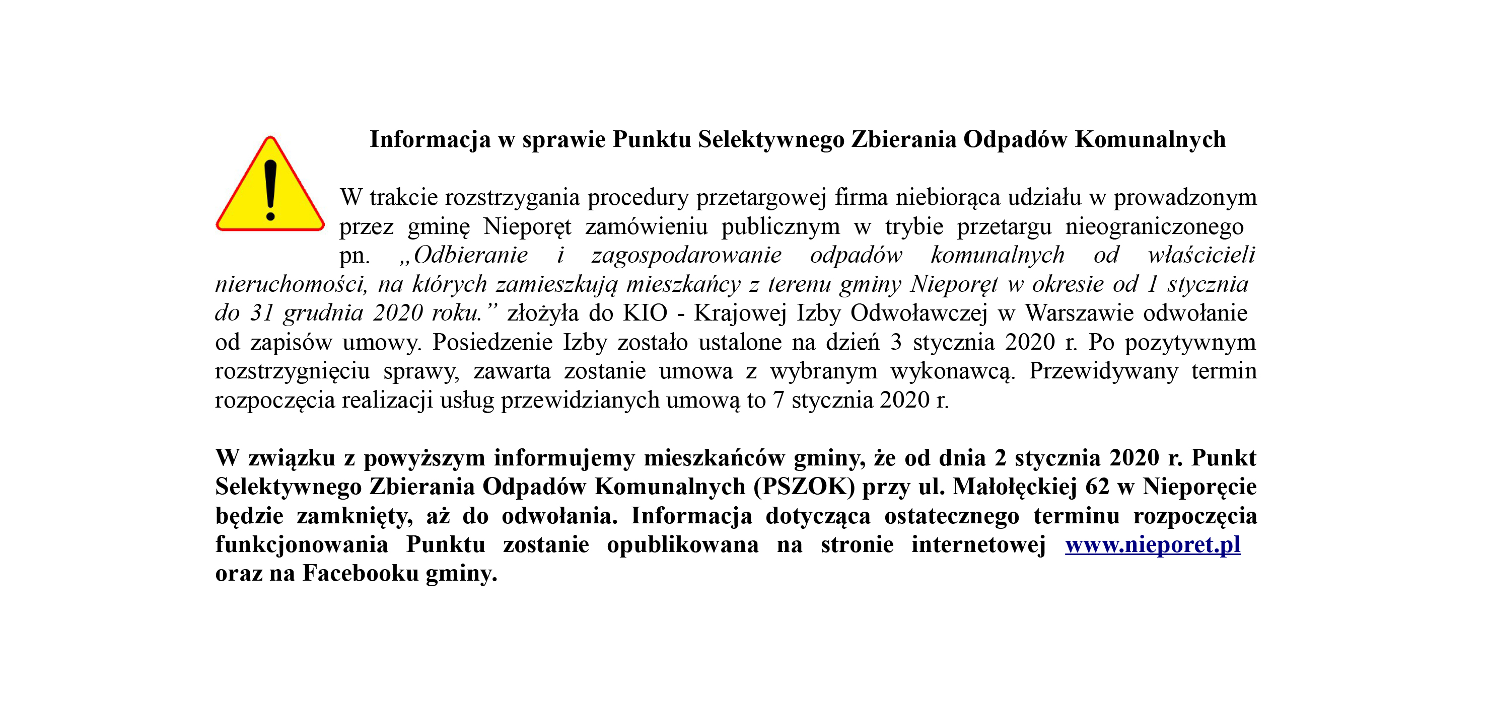 Informacja na stronę o chwilowym zamknieciu PSZOK